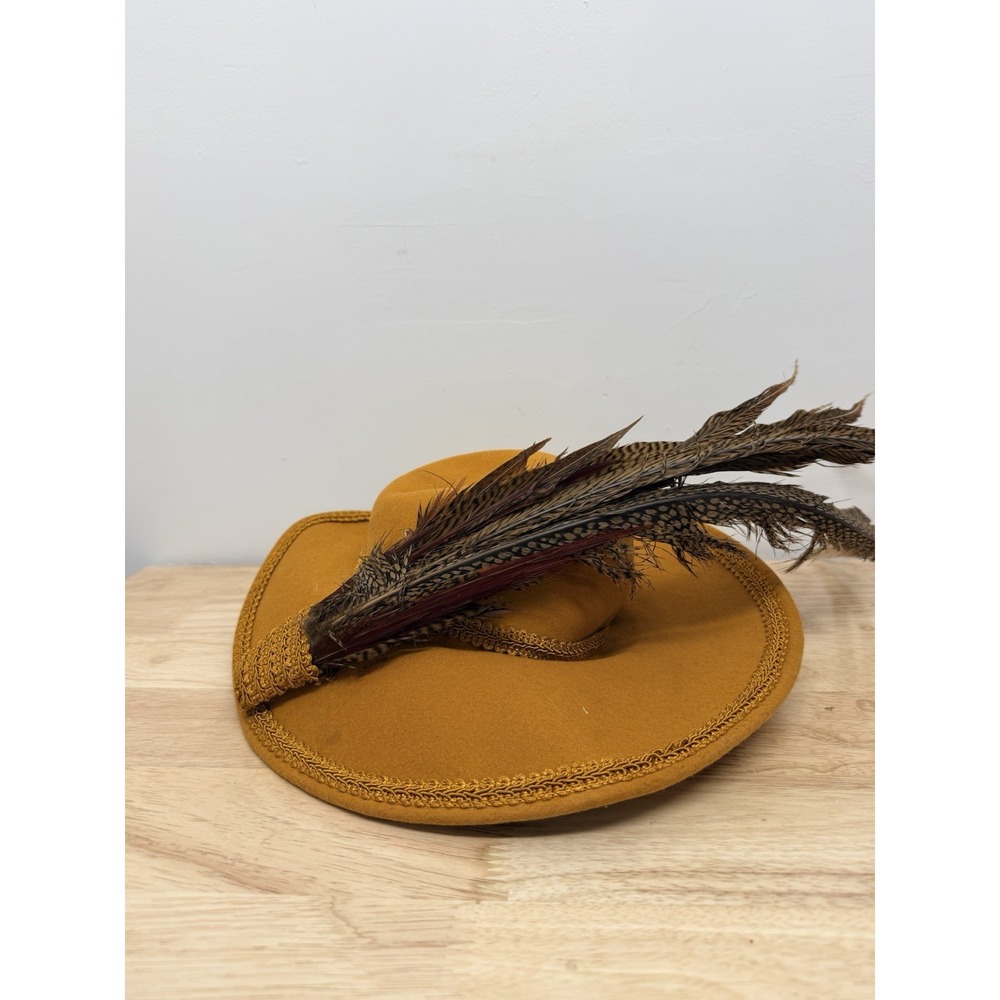 Bollman Vintage Fashion Hat Wool Felt Dramatic Feather Yellow Doeskin 17"